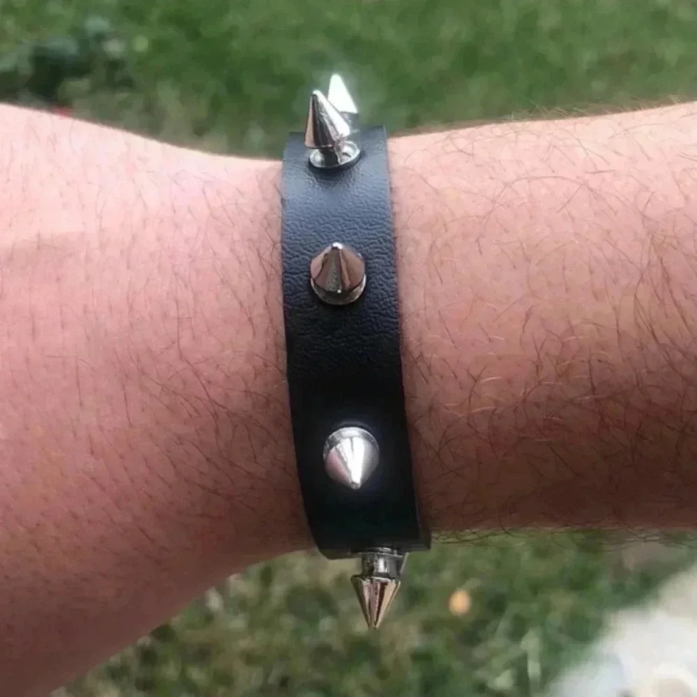 Black Leather Punk Goth Rock Spike Metal Stud Snap Cuff Bracelet NWT